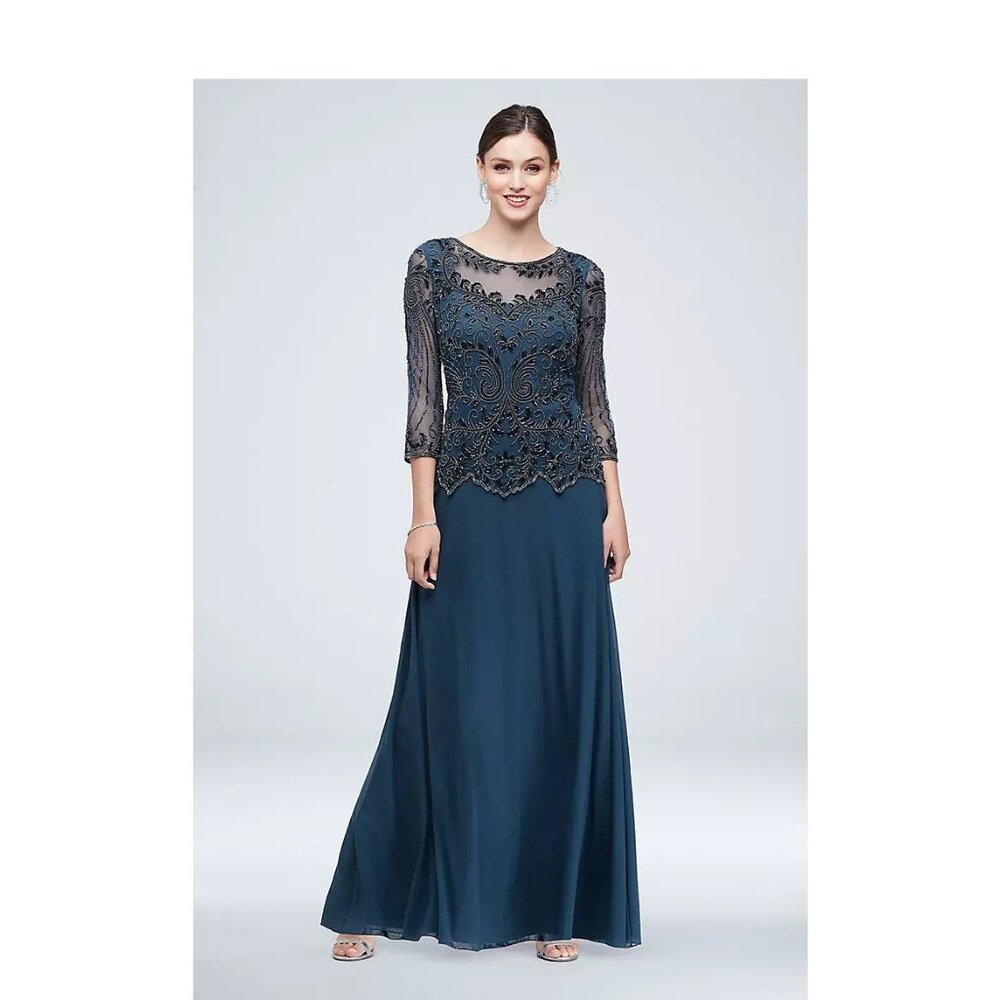 New Pisarro Nights Beaded and Sequined Long Mesh Dress P3468